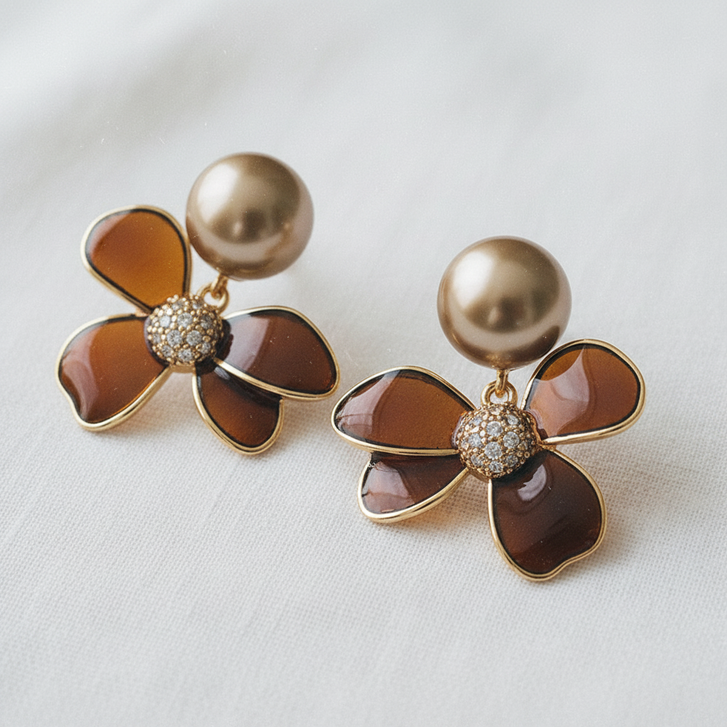 Enamel Floral and Pearl Stud Earrings