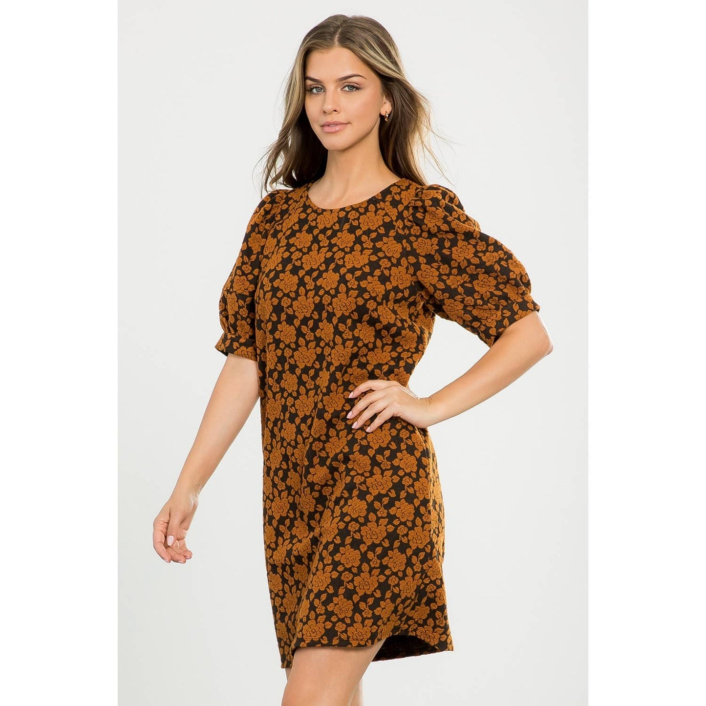 Textured Black Dress with Puff Sleeves and Floral Print