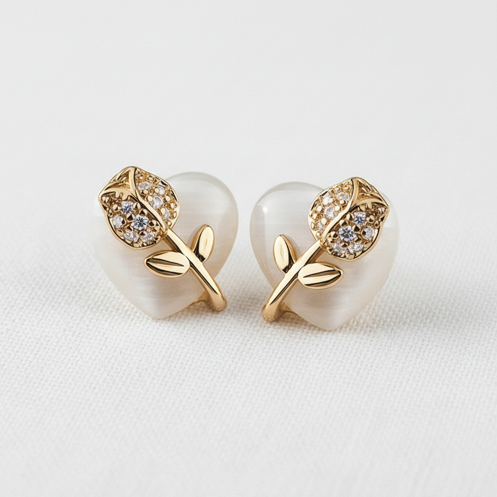 Vintage Tulip and Cat's Eye Heart Stud Earrings