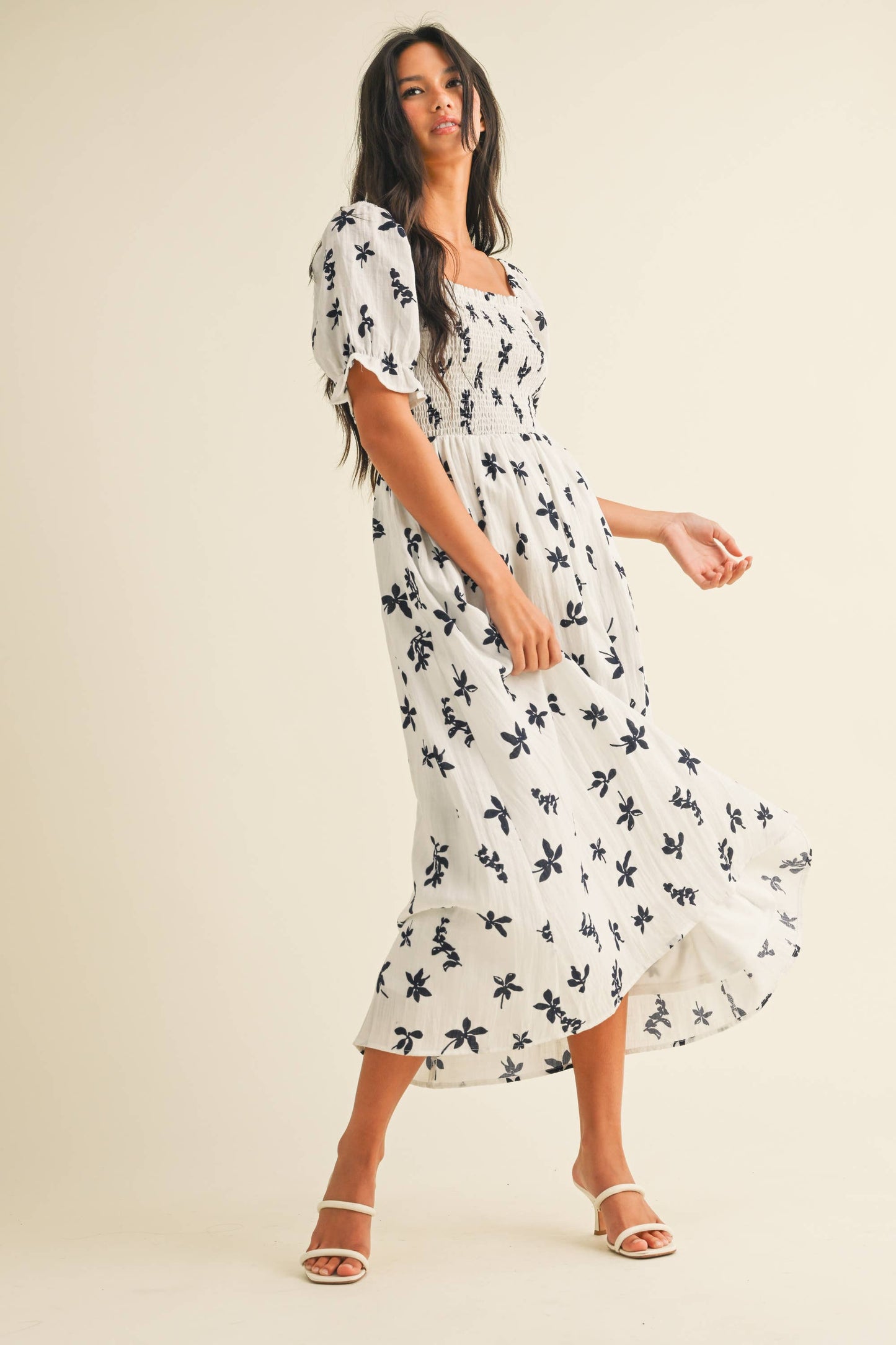 ID8847-A FLORAL MIDI PUFF SLEEVES DRESS