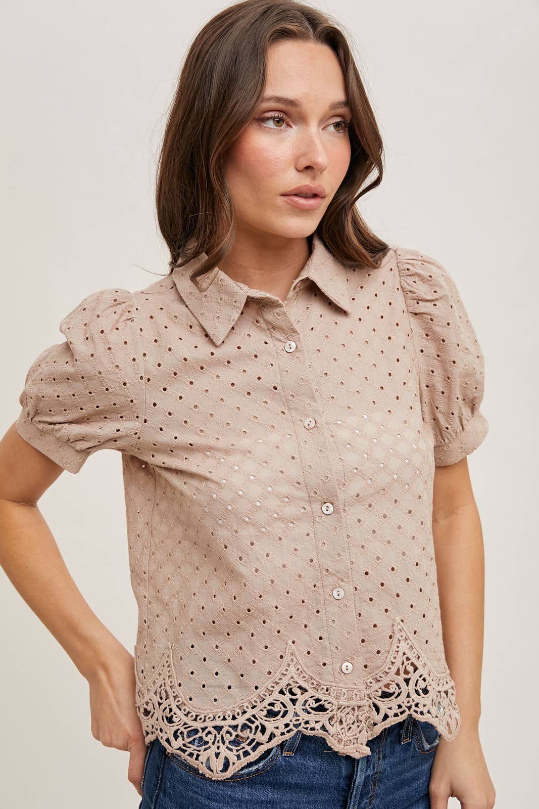 EYELET LACE TRIMMED BUBBLE SLEEVE SHIRT BLOUSE