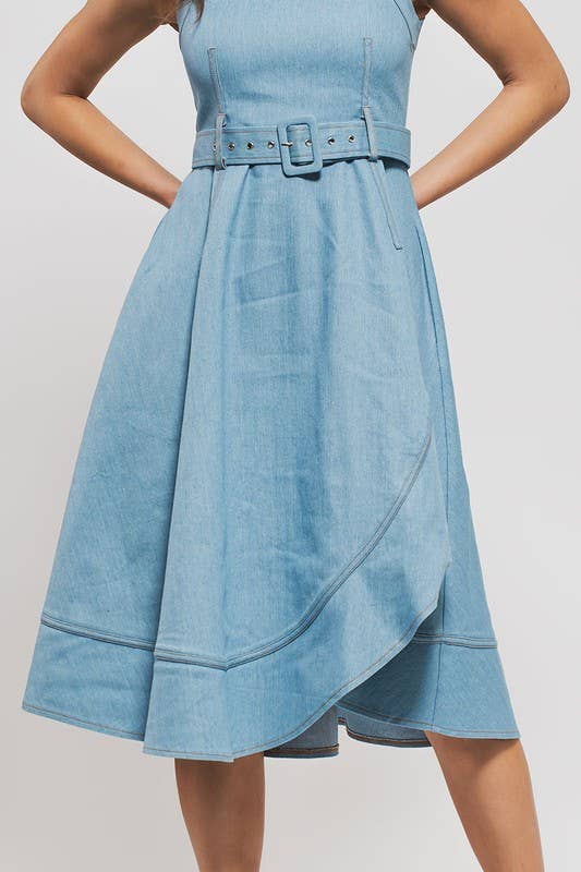 Fit and Flare Sleeveless Denim Midi Dress