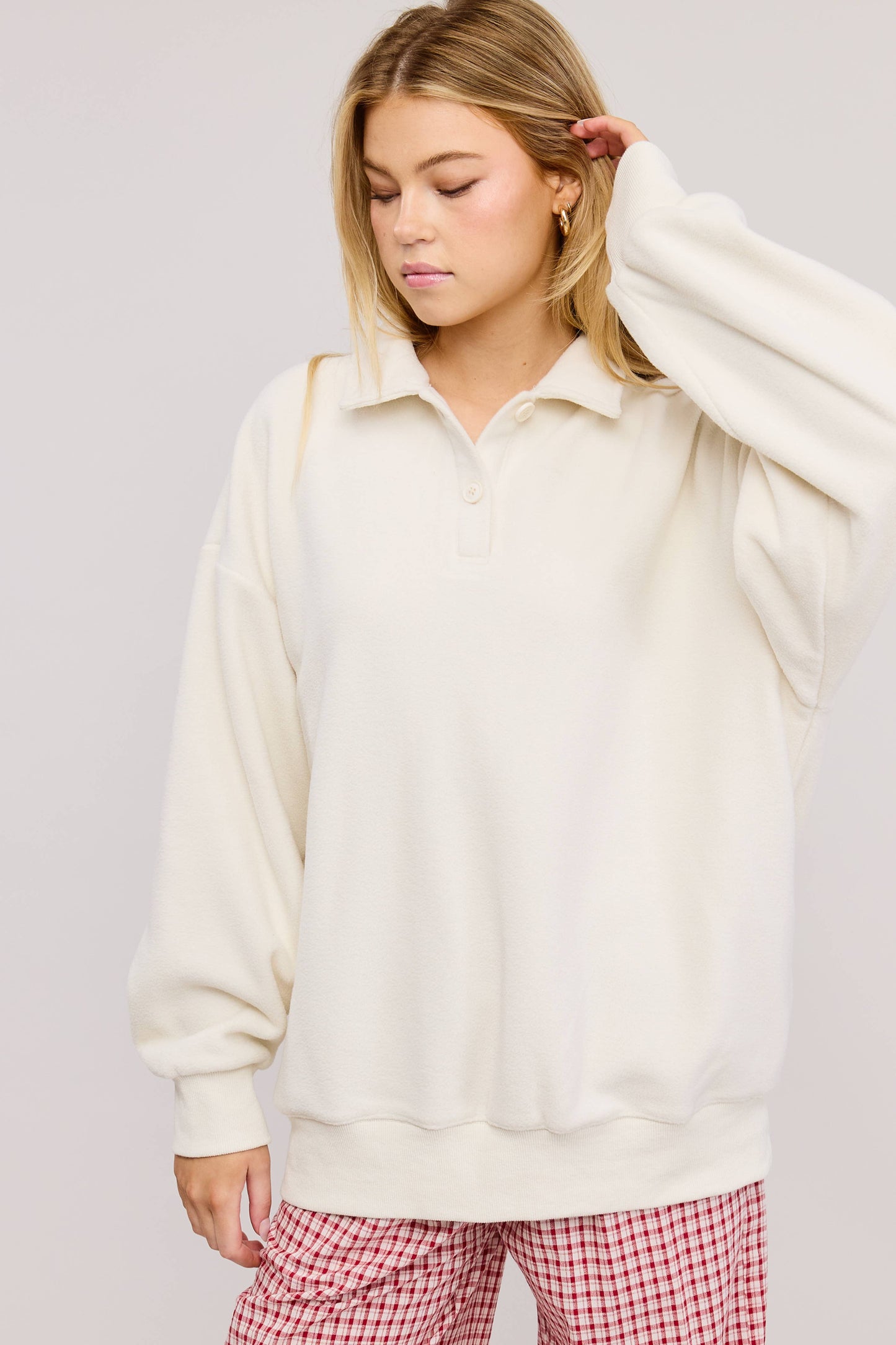 Teddy Velour Buttoned Collar Pullover Knit Sweater