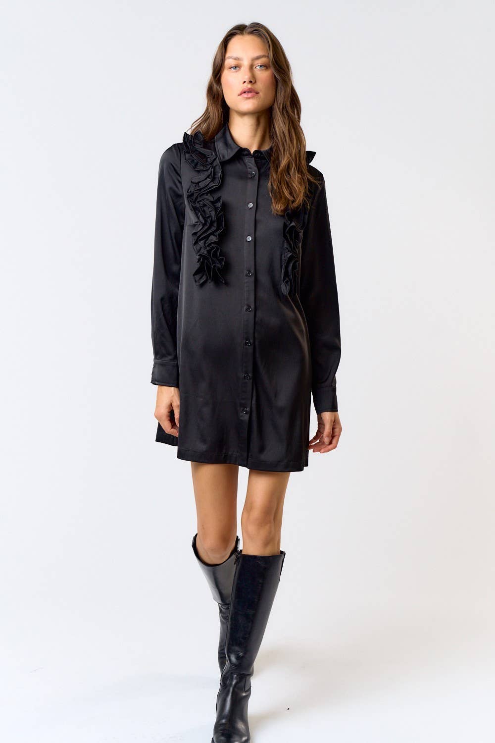 ILD4237 SATIN RUFFLE DETAIL BUTTON DOWN SHIRT DRESS