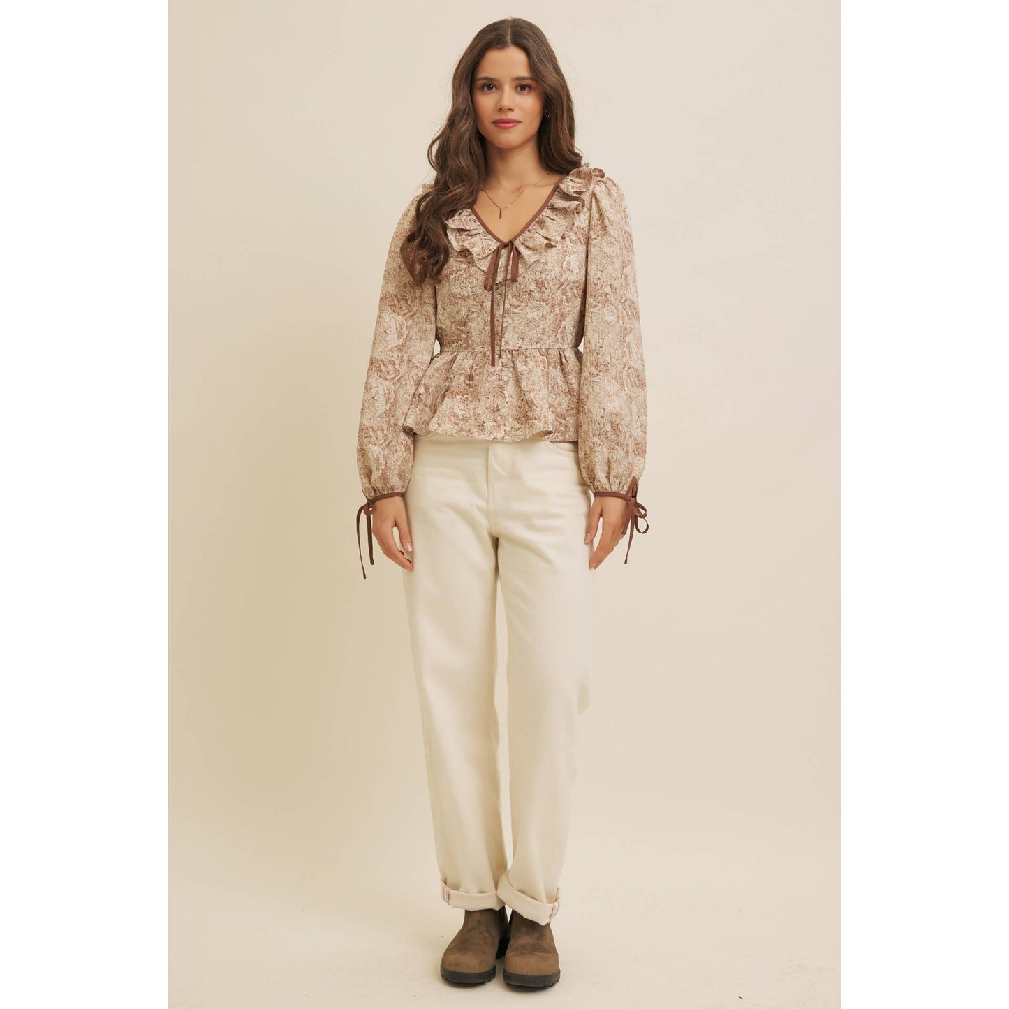 TOILE PRINTED BABYDOLL BLOUSE WITH BALLOON SLEEVES