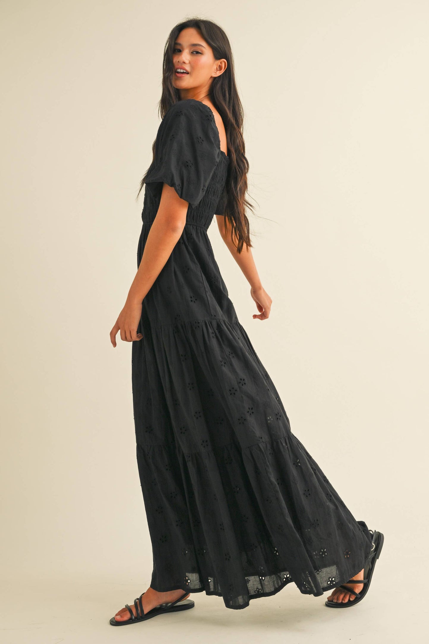 ID8852 EYELET PUFF SLEEVES MIDI DRESS WITH SMOCKING