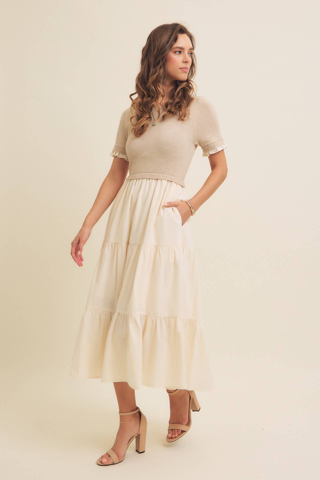 TIERED MIDI DRESS WITH SWEATER TOP AND WOVEN SKIRT