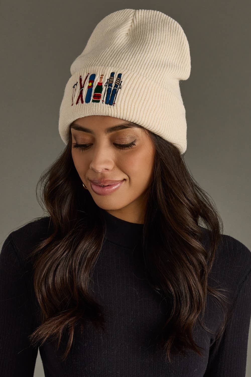 Beige Ski Embroidered Knit Beanie