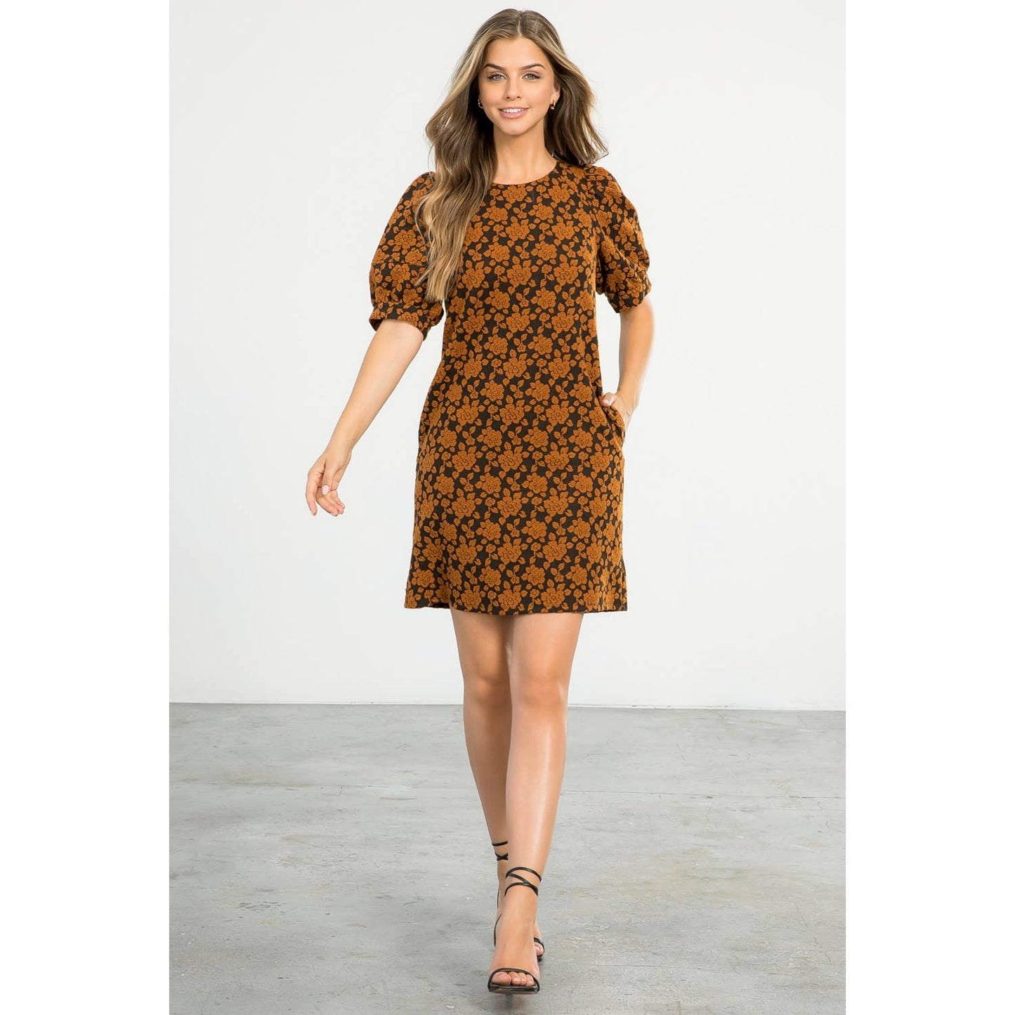 Textured Black Dress with Puff Sleeves and Floral Print