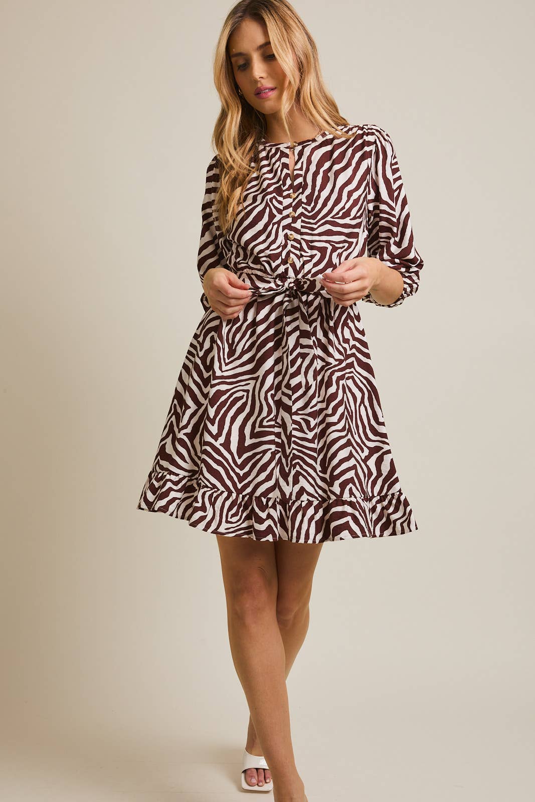 ROUND NECK 3/4 SLEEVE WAIST TIE ZEBRA DRESS