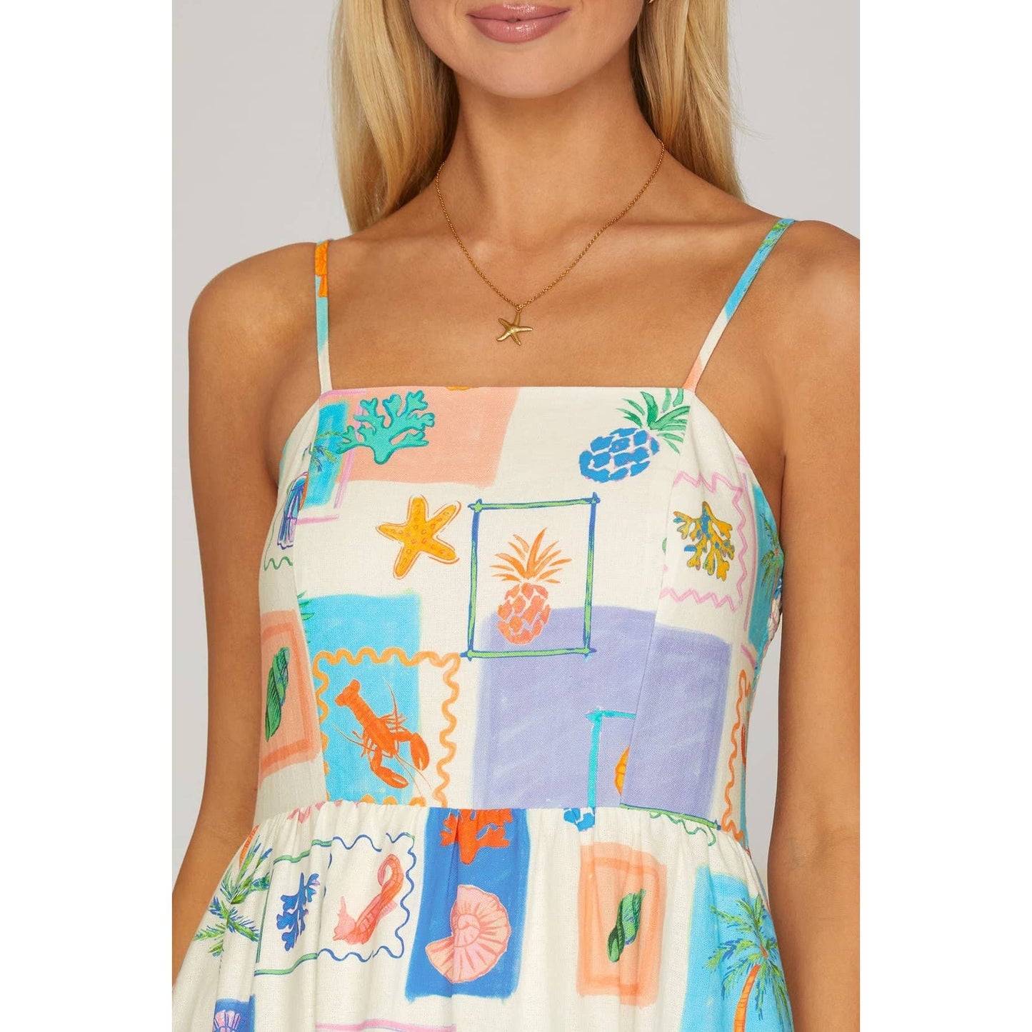 LAST CHANCE - Coastal Tile Print Cami Maxi Dress with Pockets