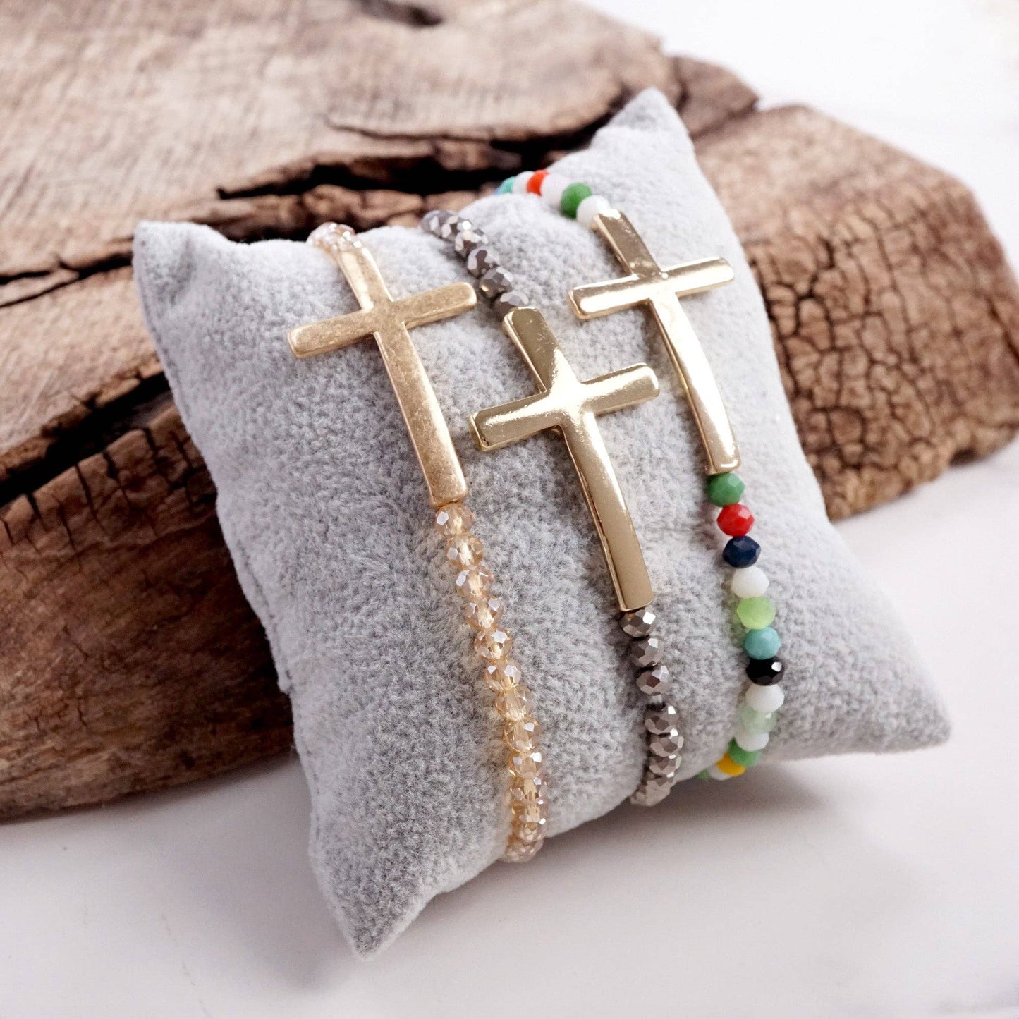 Sideways Cross Bracelet with Glass Beads - Gold Tone