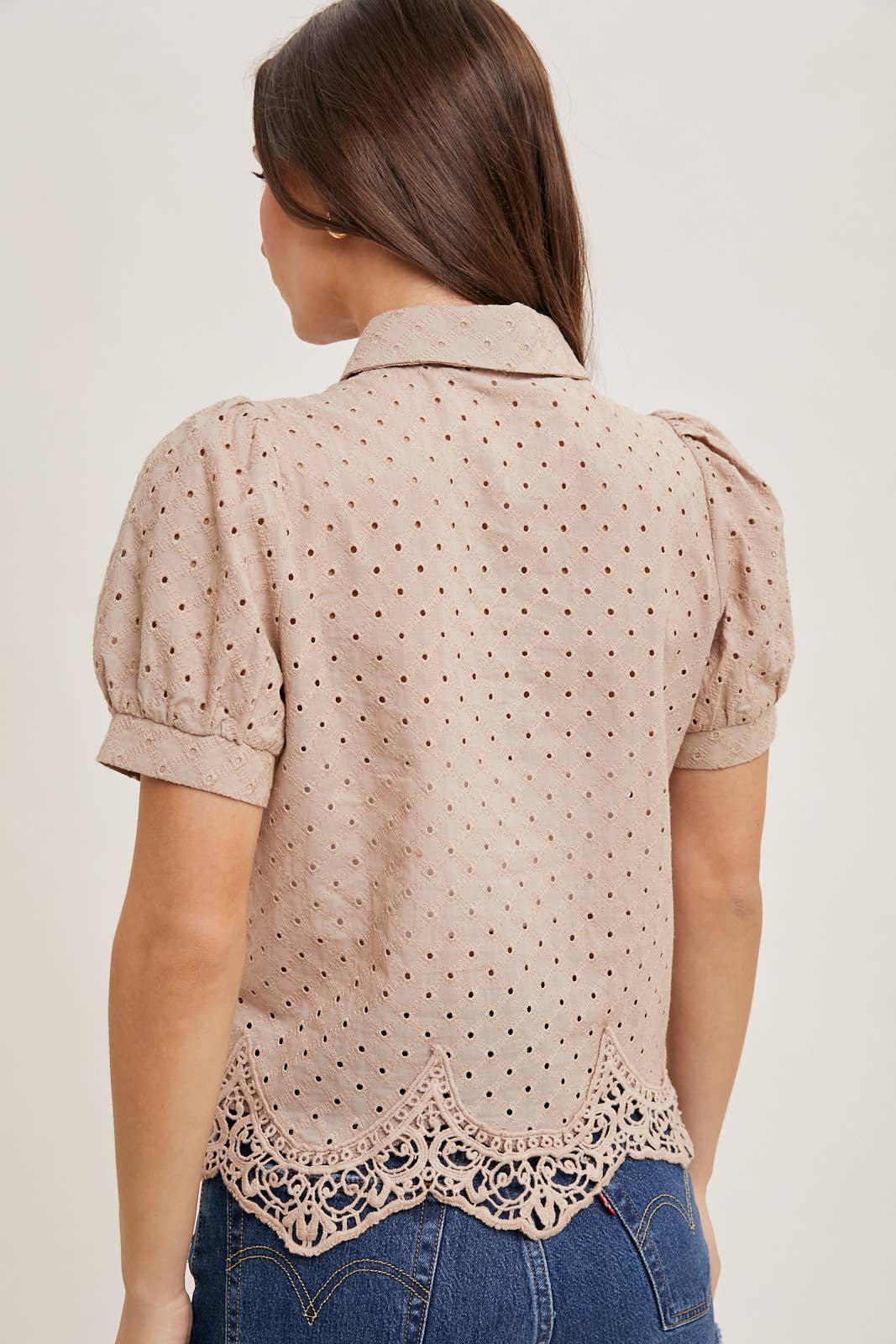 EYELET LACE TRIMMED BUBBLE SLEEVE SHIRT BLOUSE