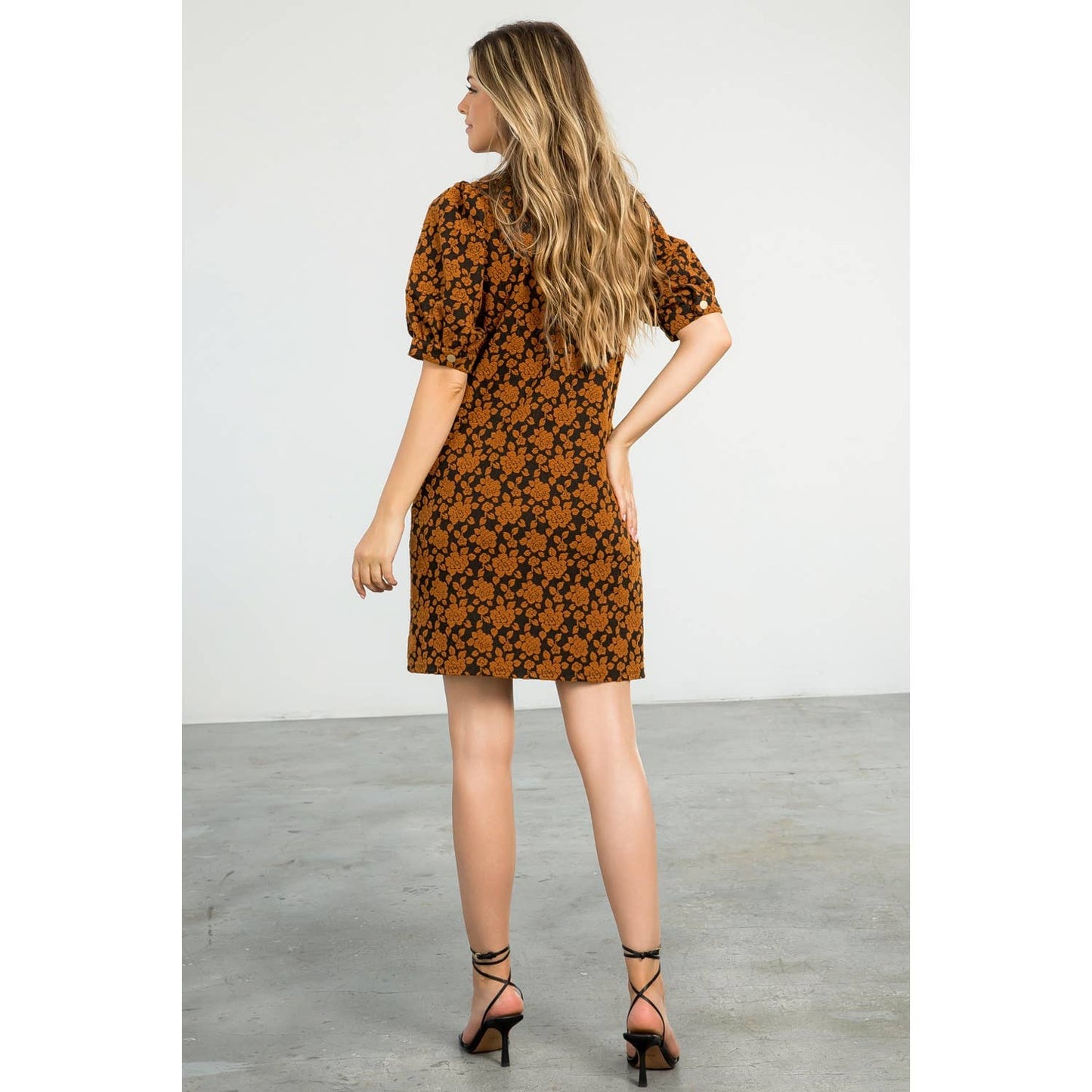 Textured Black Dress with Puff Sleeves and Floral Print