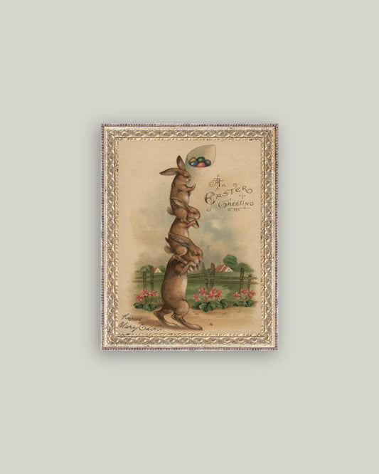 Stack of Three Bunnies Framed Antique Art