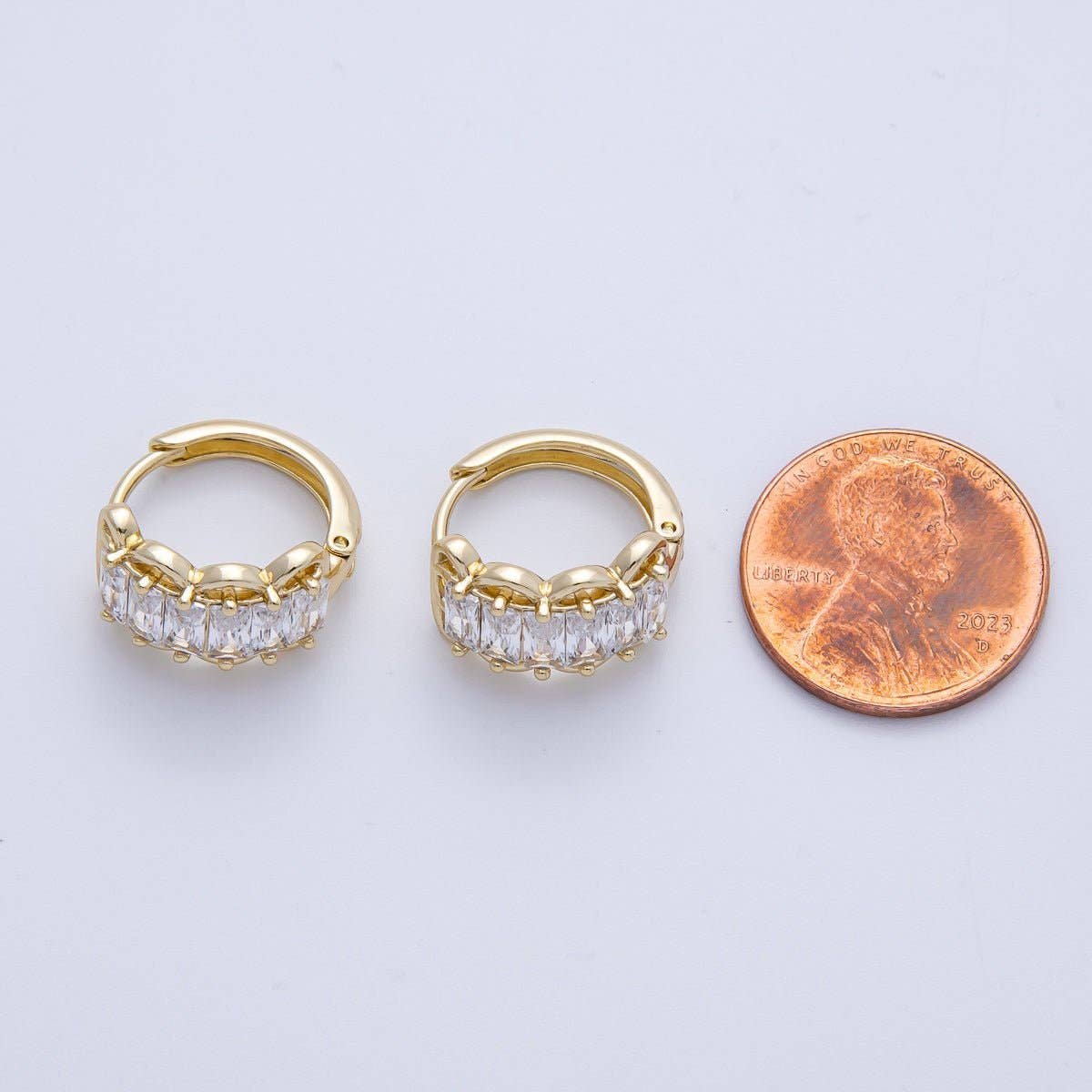14K Gold Filled 17mm Clear CZ Baguette Rounded Huggie Earrings | EARRINGS