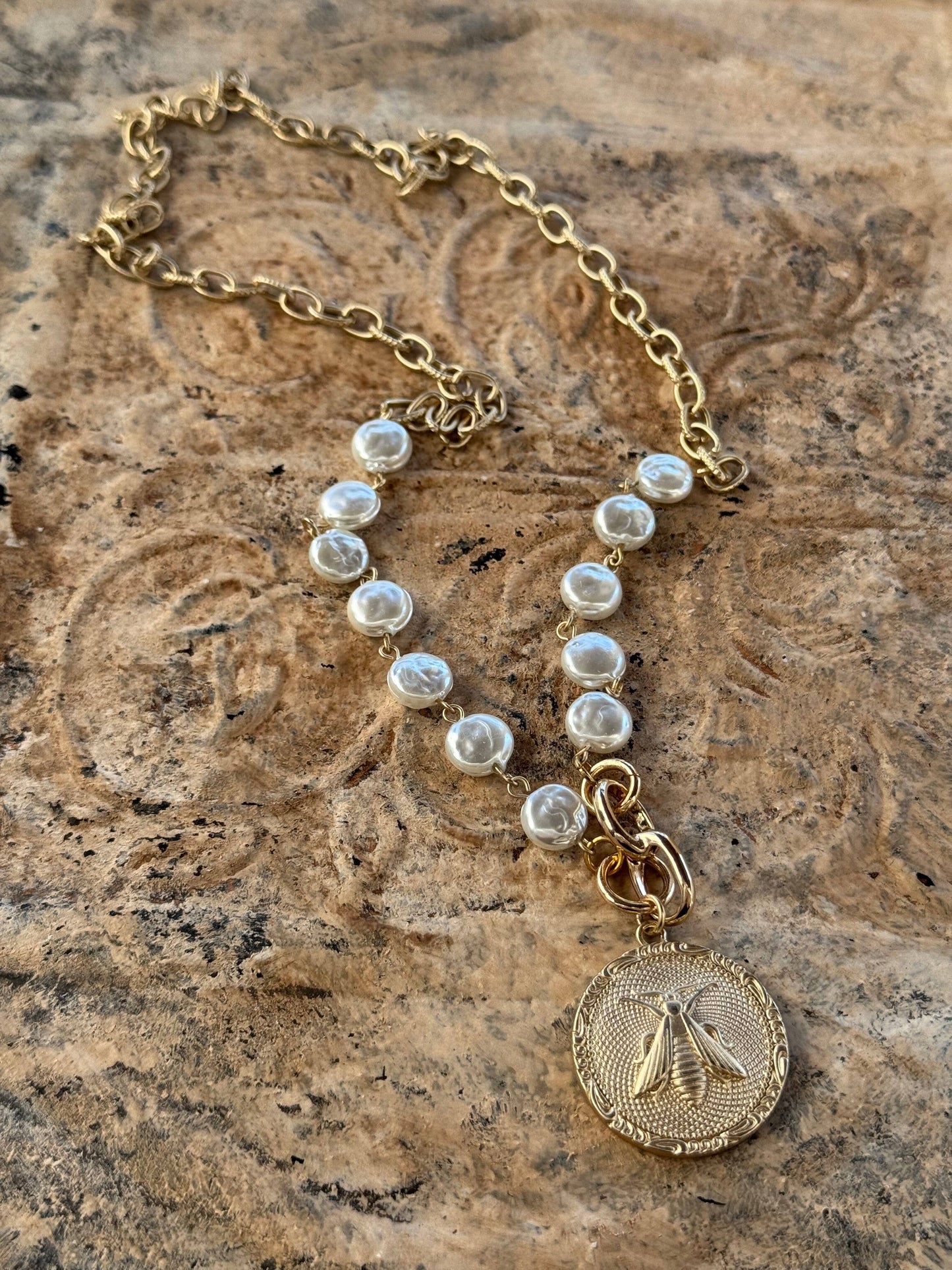 Majesty Bee Medallion Pearl Coin Necklace