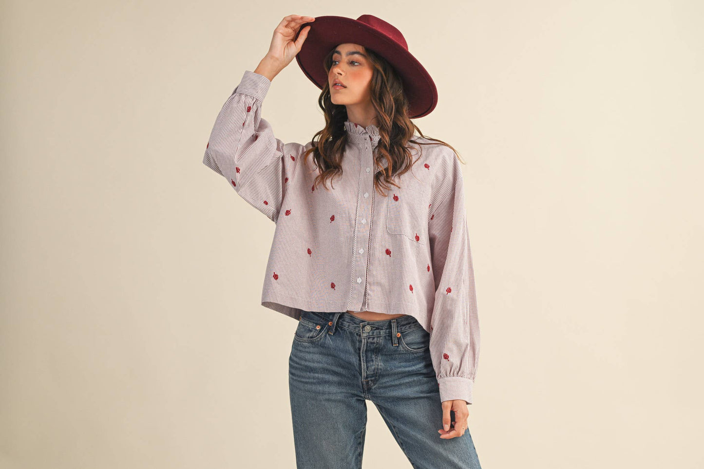 EMBROIDERED MOCK NECK STRIPED BUTTON UP TOP