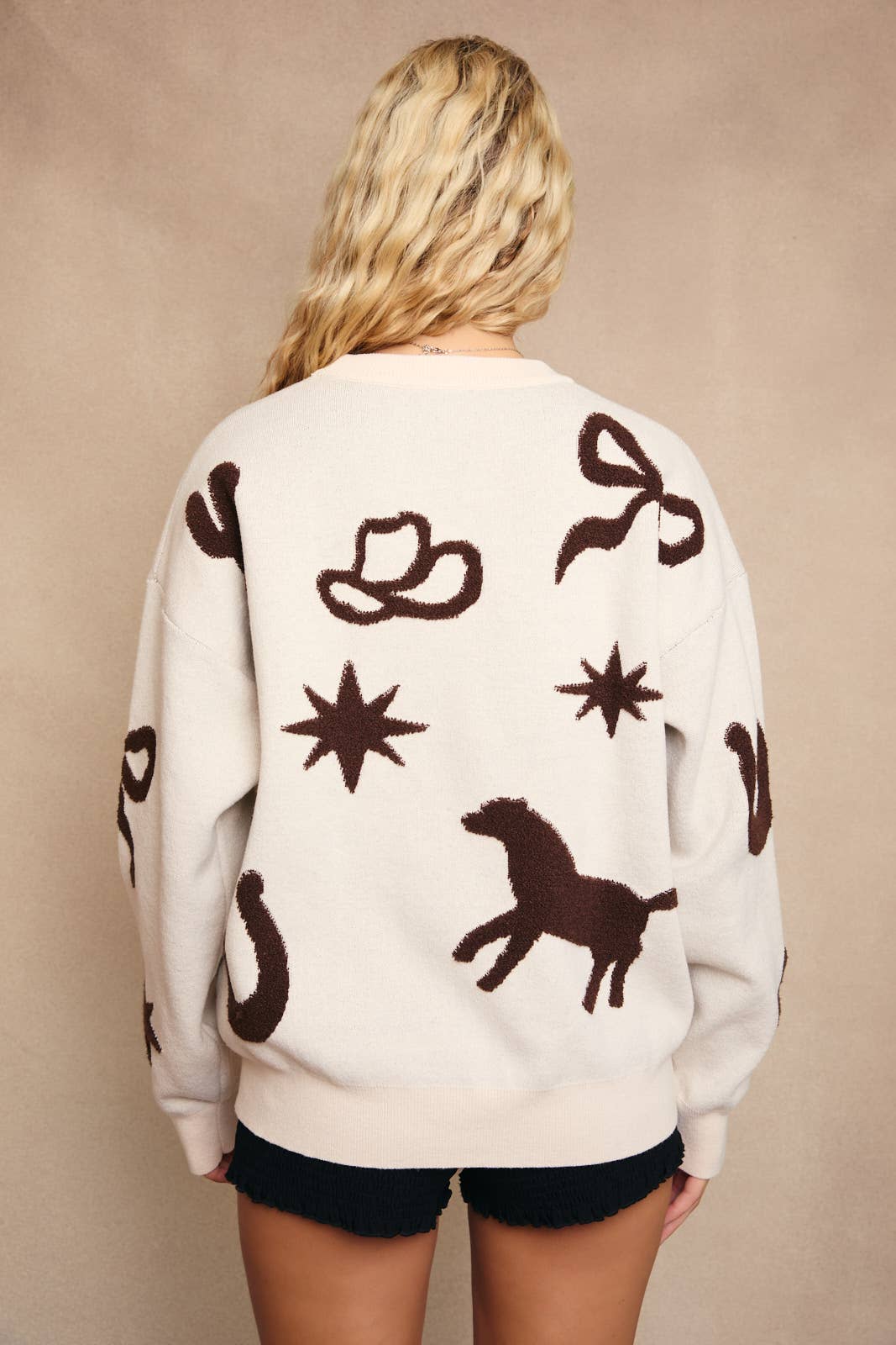 LONG SLEEVE CREW NECK MULTI COWBOY PATTERN SWEATER