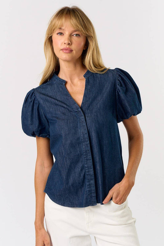 Denim Button Down Top With Short Puff Sleeves