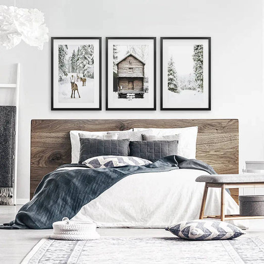 Winter Landscape Wall Art Print. Deer, Log Cabin, Forest