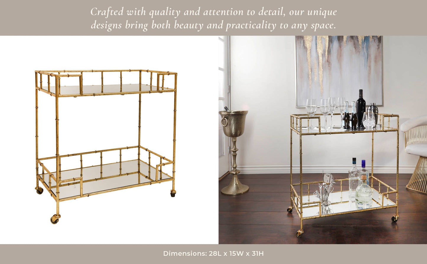 Gold 31x28 in. Metal Mirrored Top 2-Tier Gold Metal Bar Cart