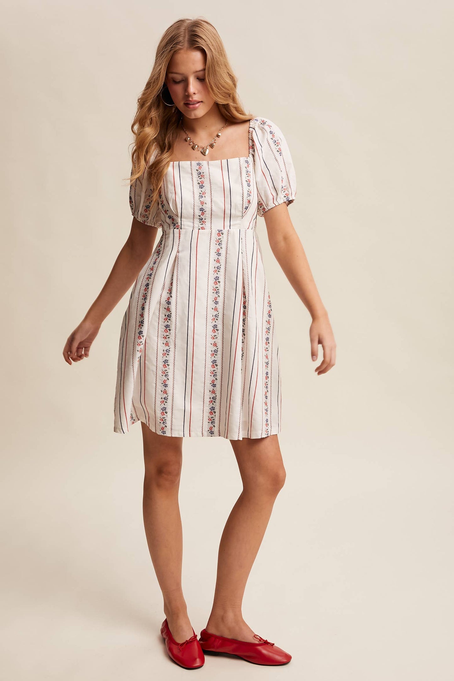 Floral Stripe Puff Sleeve Dress
