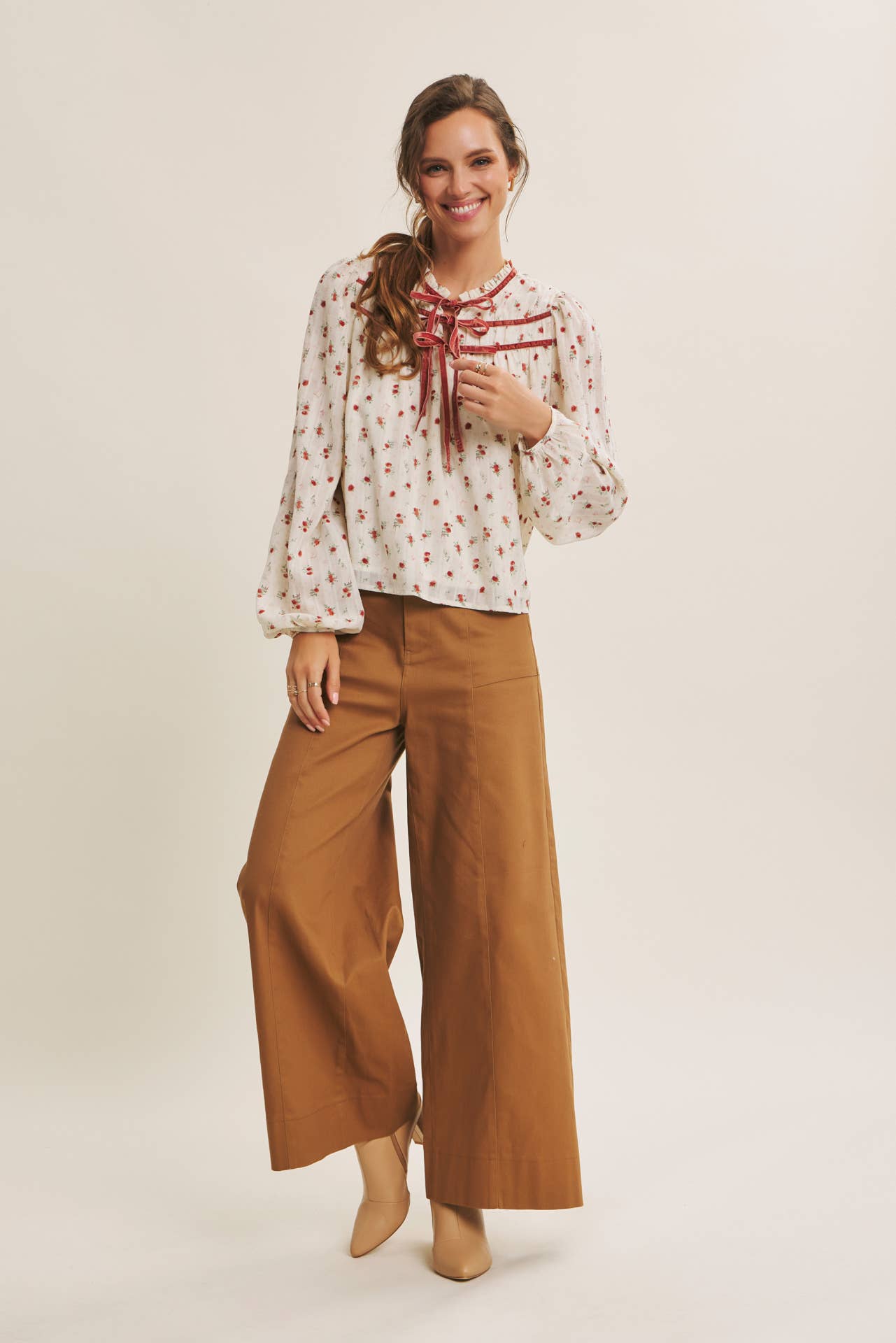 BREEZY FALL DAYS VELVET FLORAL BLOUSE WITH DELICATE RUFFLES