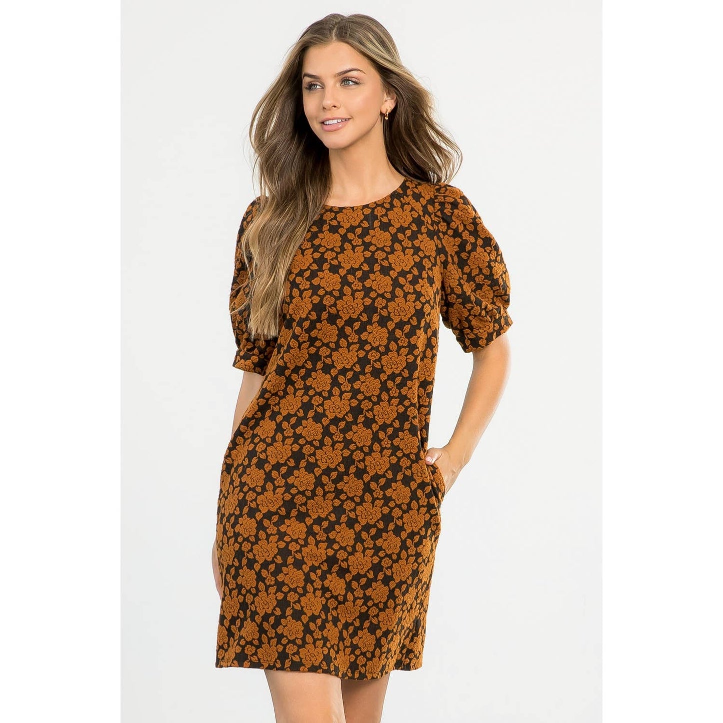 Textured Black Dress with Puff Sleeves and Floral Print