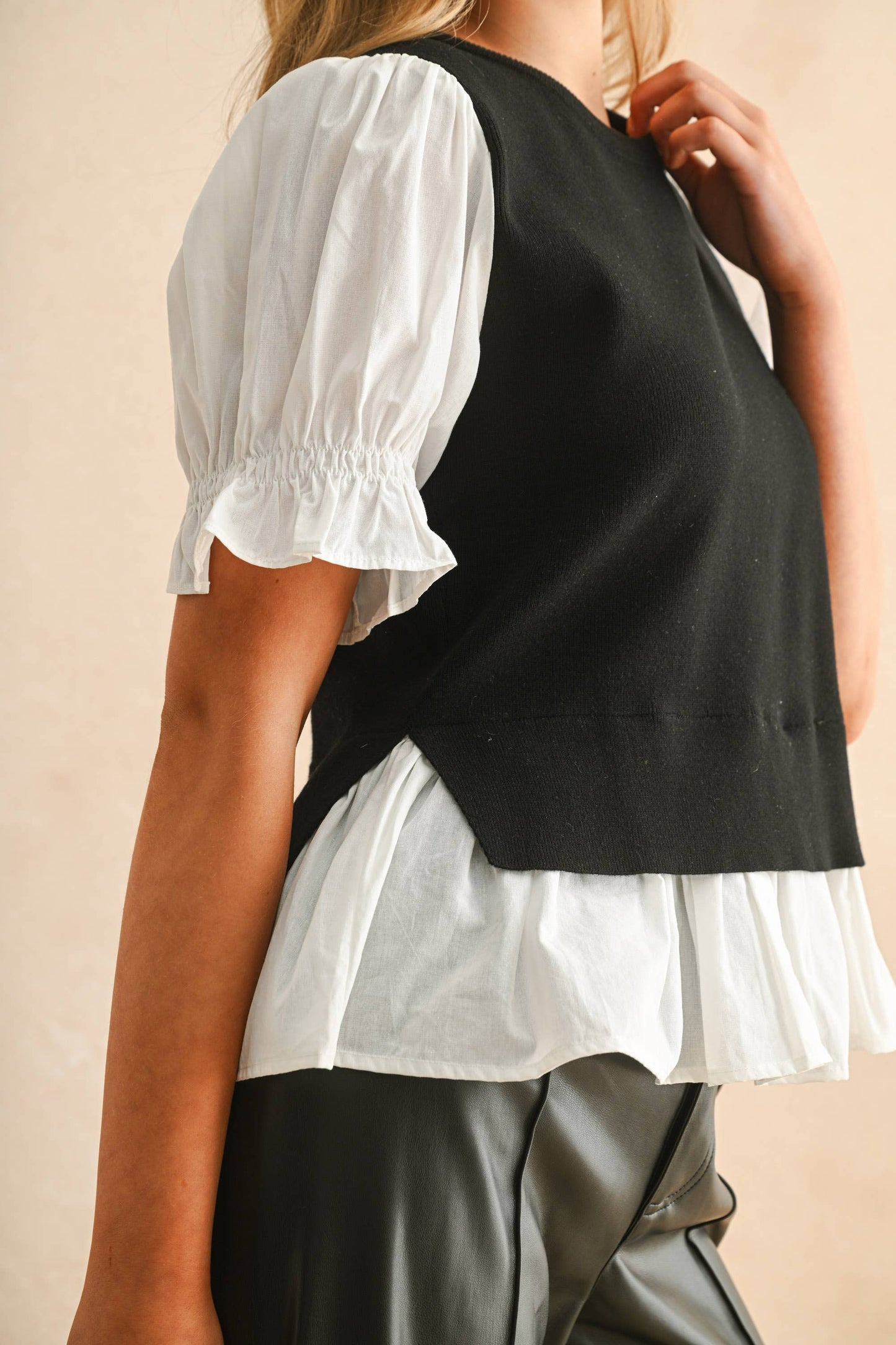 T3506 SWEATER COMBO SHORT SLEEVE BLOUSE