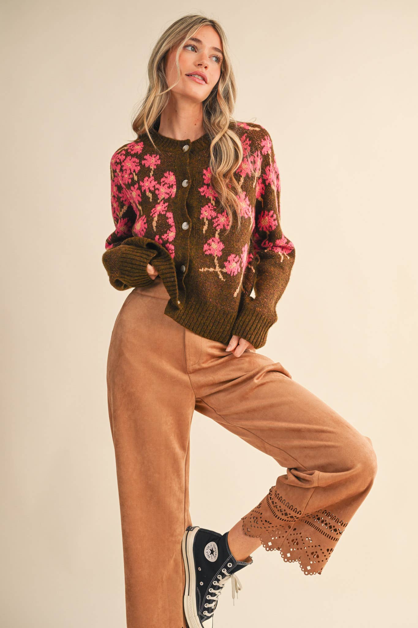 FLORAL KNIT BUTTON DOWN SWEATER CARDIGAN MSW11238