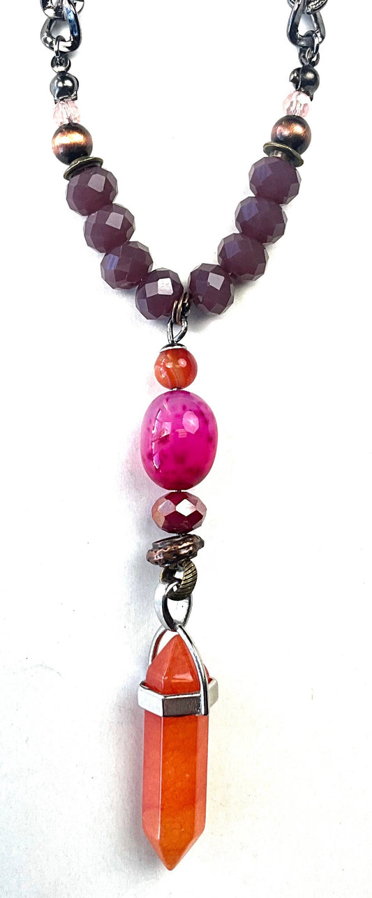 Short Beaded and Chain Pendant Necklace with Stone Drop