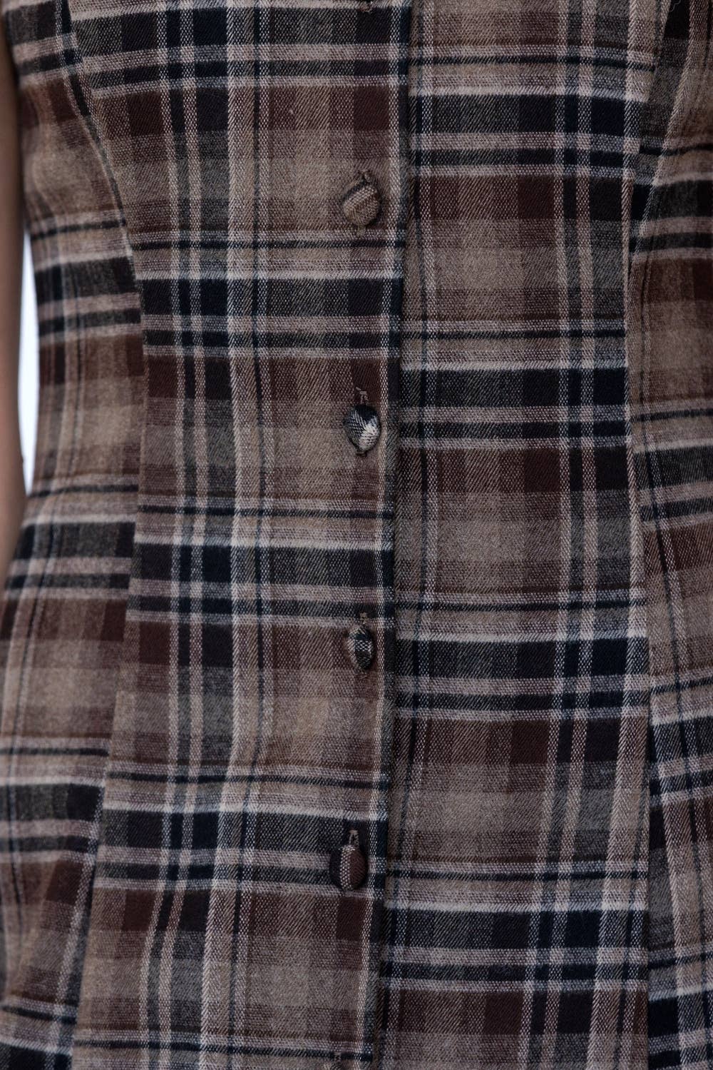 BROWN & BLACK PLAID BUTTON-FRONT MIDI DRESS