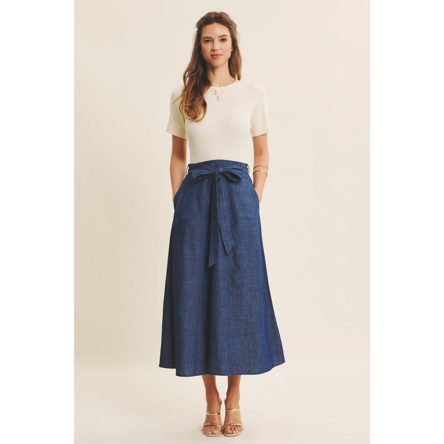 EFFORTLESS MIX OF COZY AND POLISHED TWOFER DENIM DRESS