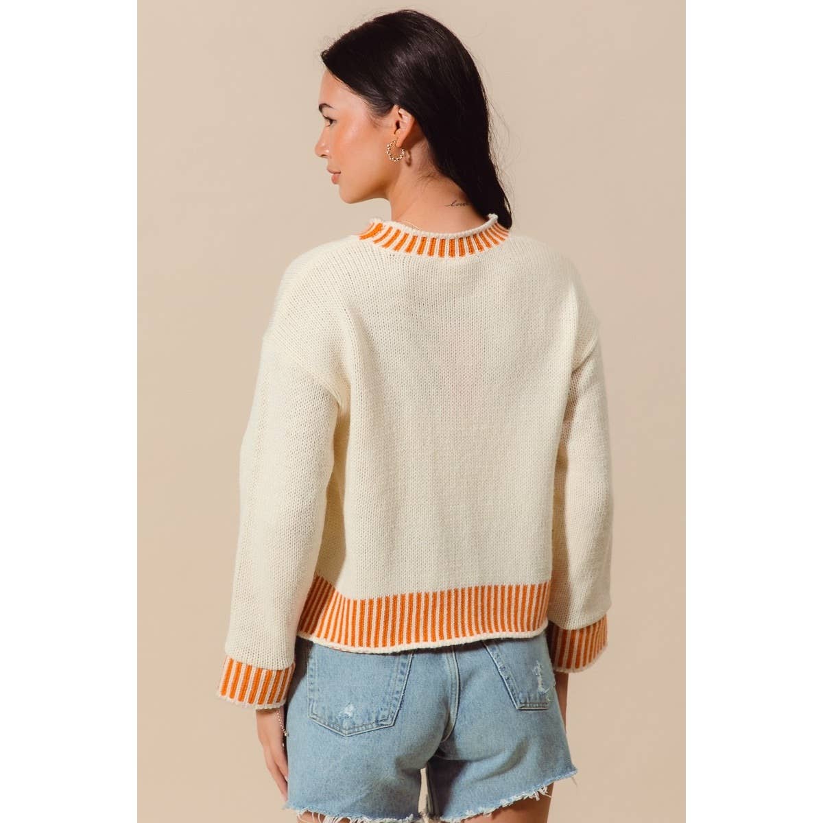 Pumpkin Embroidery Stripe Rib Hem Halloween Top