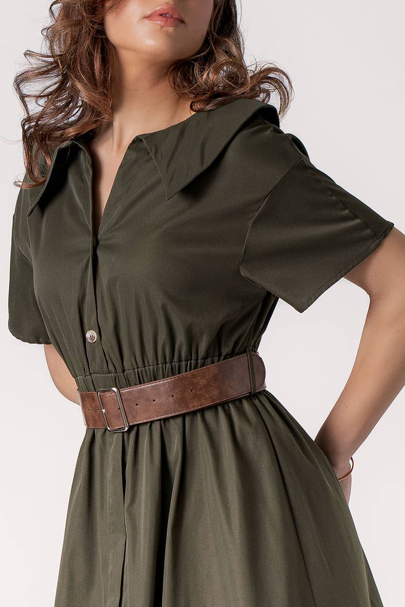 Exaggerated Collar Spring Shirt Belted Midi Dress