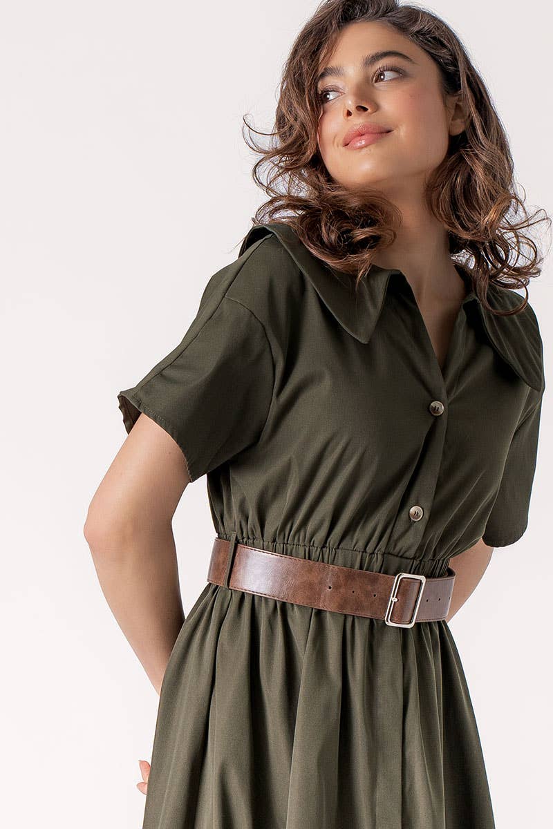Exaggerated Collar Spring Shirt Belted Midi Dress