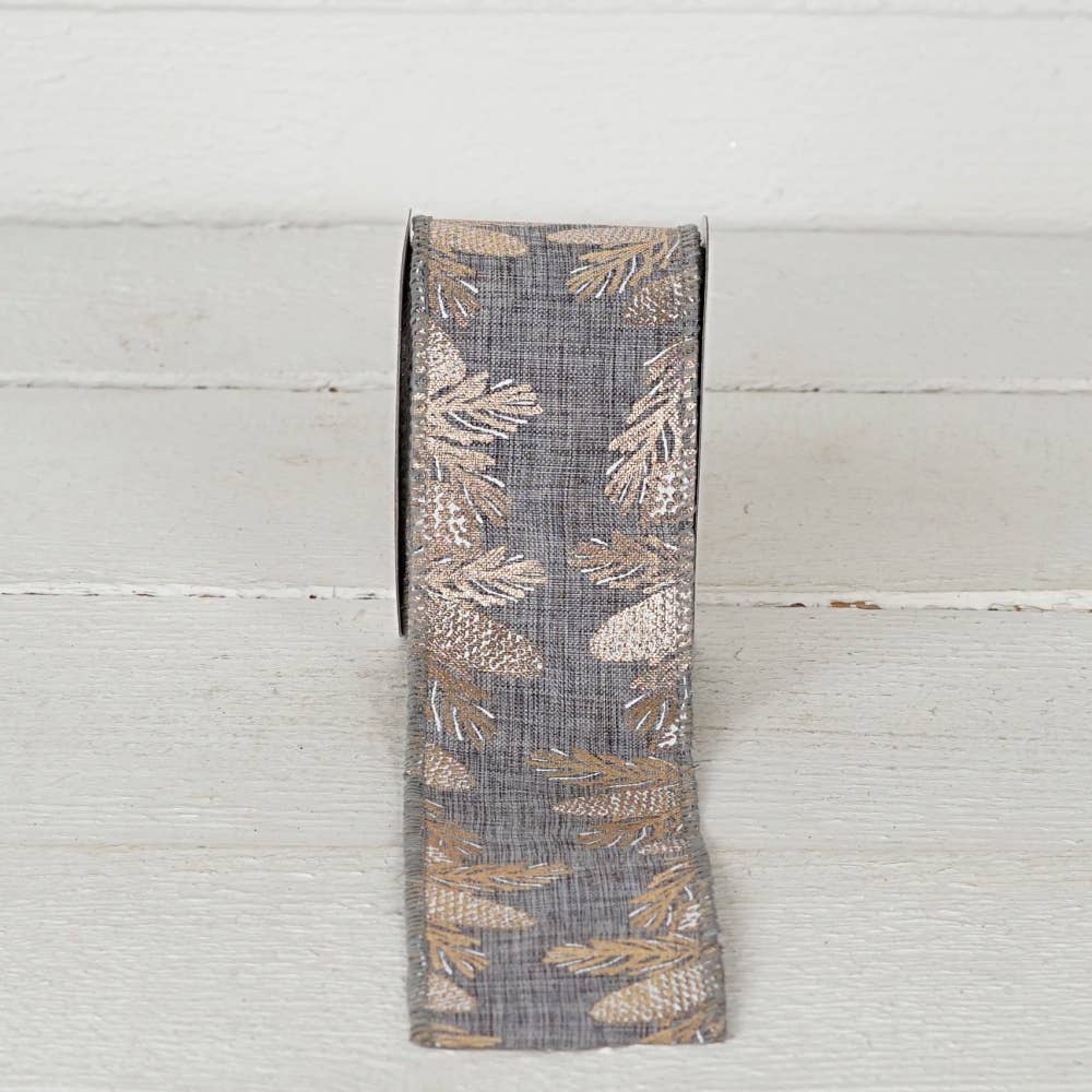R32927-Wired Ribbon-Gray Burlap with pinecones (2.5inW)