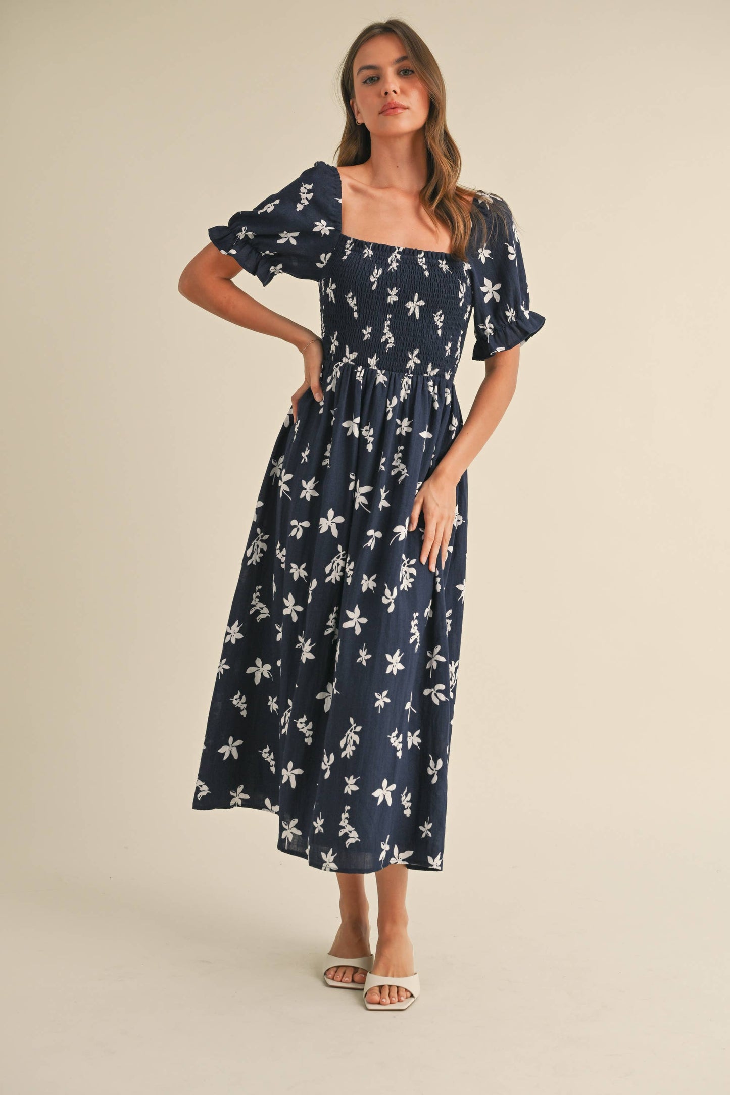 ID8847-A FLORAL MIDI PUFF SLEEVES DRESS