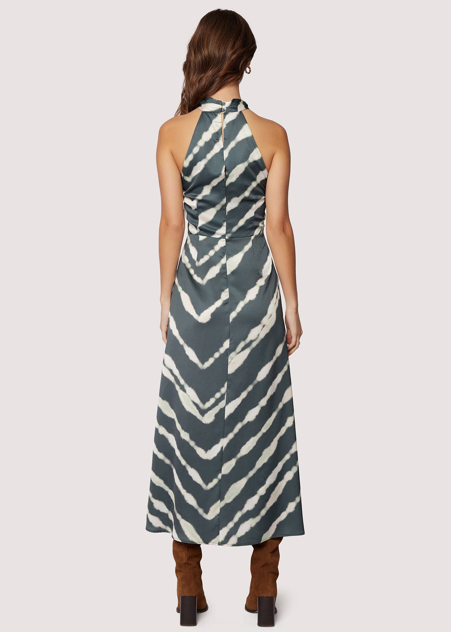 Serra Elisa Maxi Dress - Satin Fall Stripe Slit Halter Neck