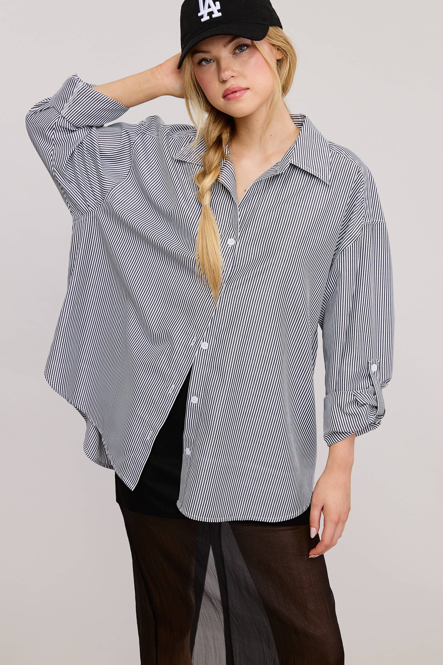 Oversized Stripe Long Sleeve Button Down Shirt
