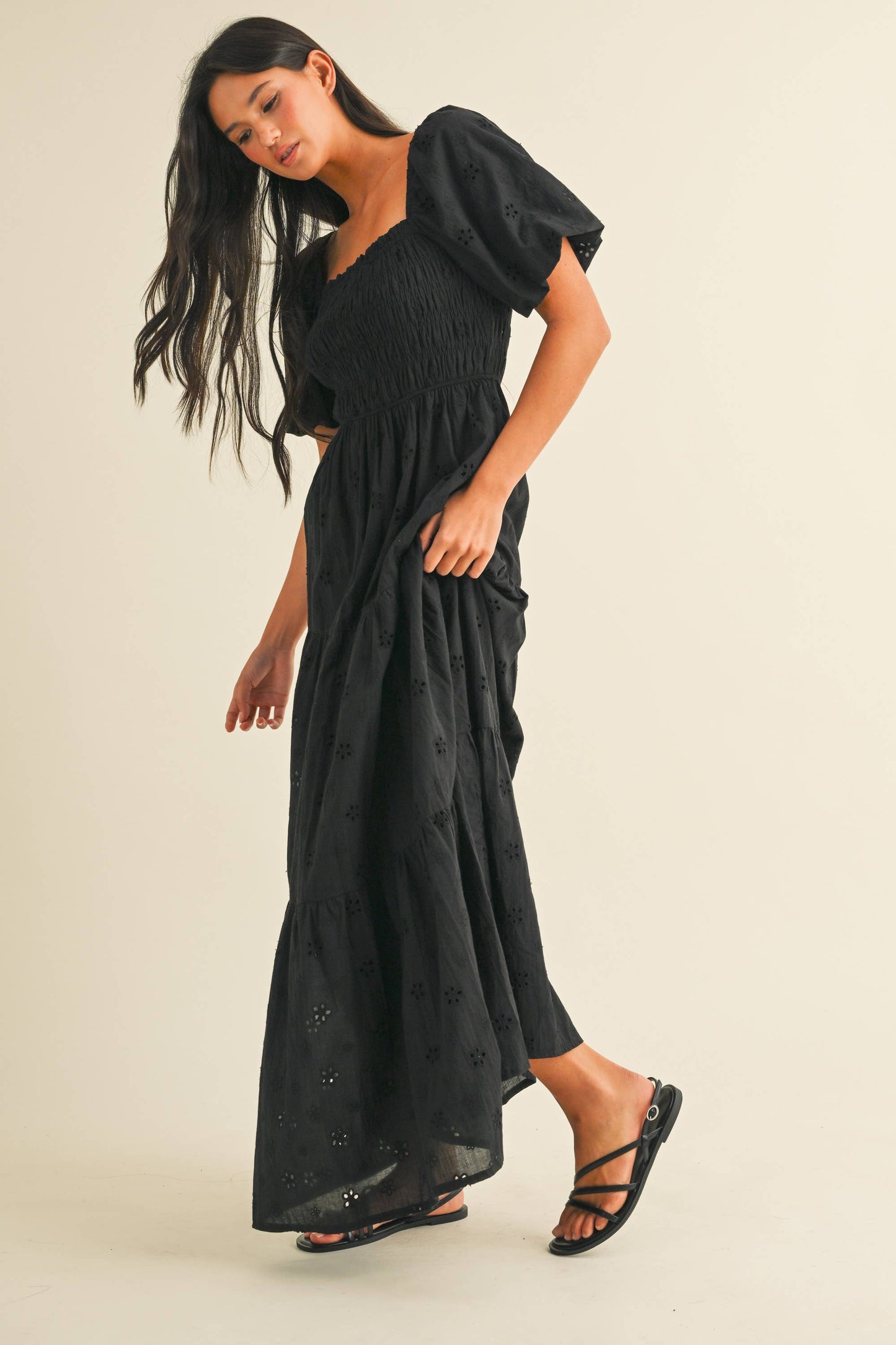 ID8852 EYELET PUFF SLEEVES MIDI DRESS WITH SMOCKING