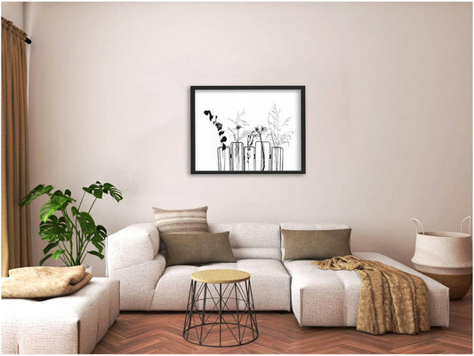 "Black Flowers On White Background" Framed Textured Wall Art