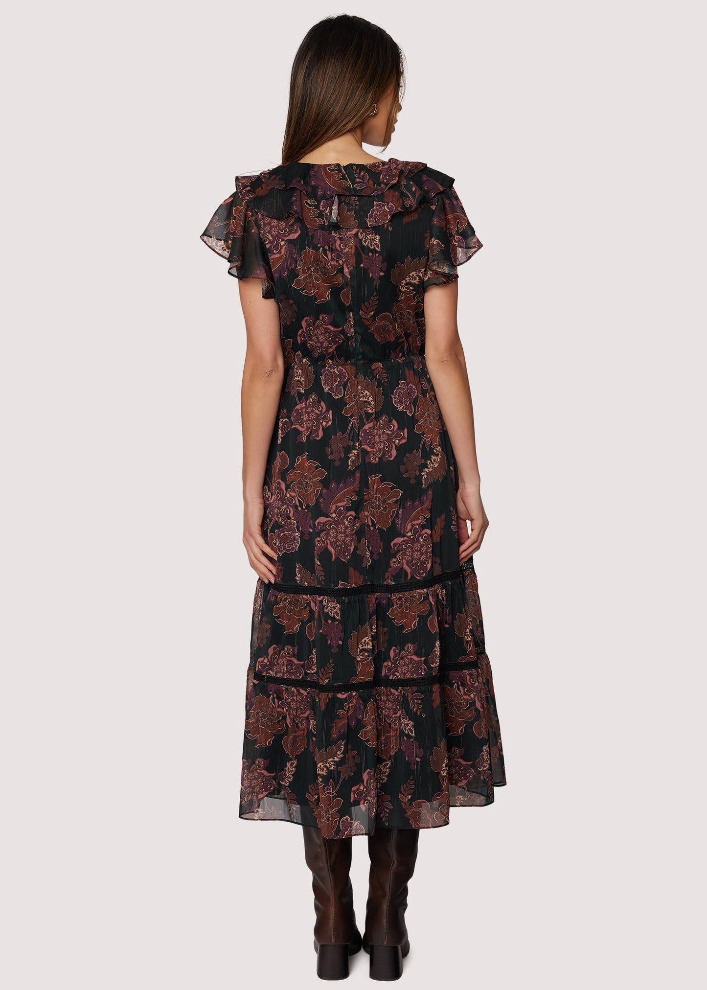 Whispers of Bohemia Midi Dress - Fall Floral V-Neck Ruffle