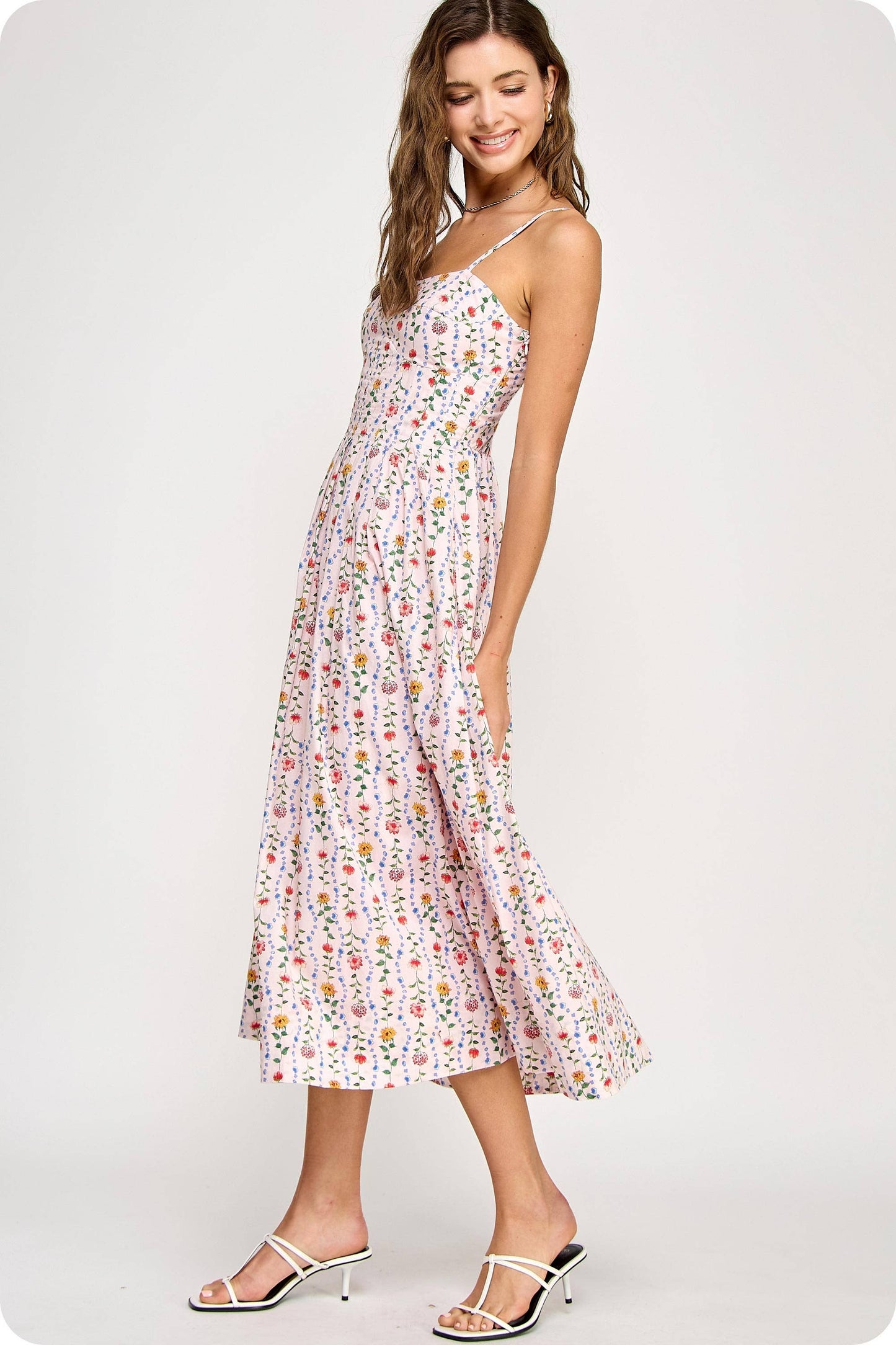 Floral Poplin Corset Sleeveless Midi Dress