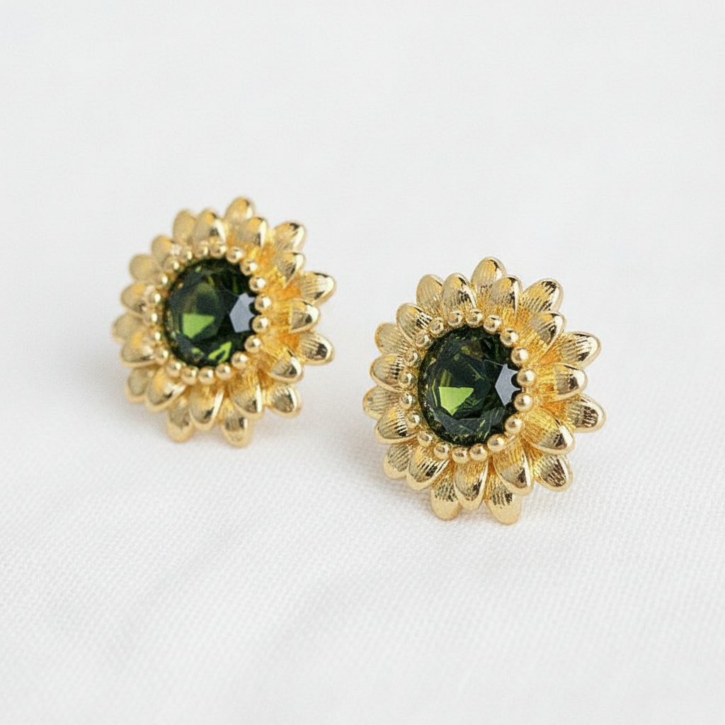 Vintage Olive Green Zircon Sunflower Stud Earrings