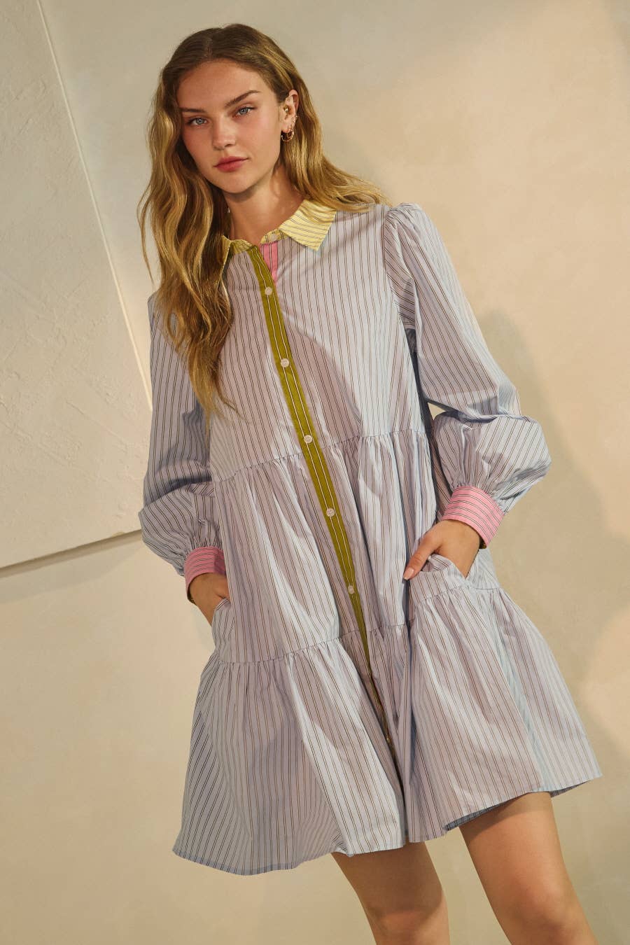 Striped Tiered Button Down Shirt Dress