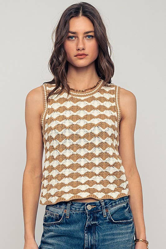 Scallop Crochet Contrast Trim Crewneck Tank Top