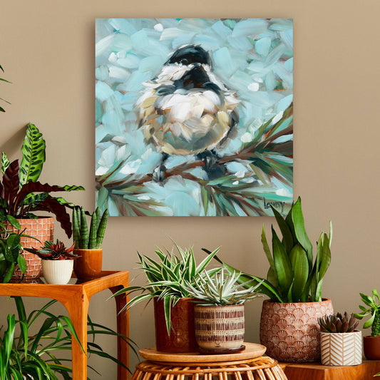 Chickadee In Pine Stretched Canvas