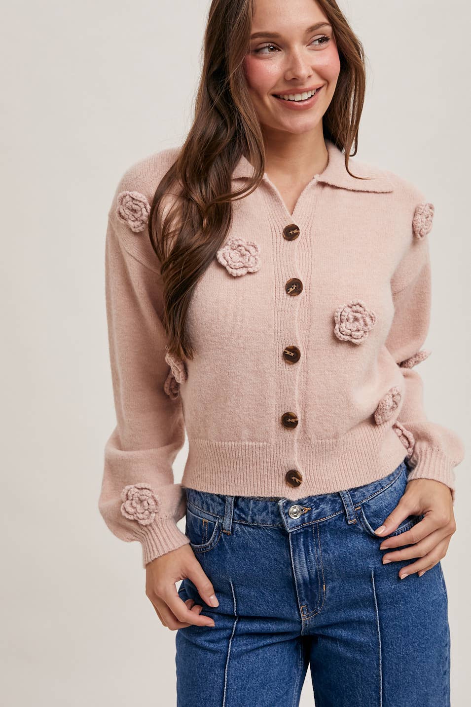 FLORAL EMBROIDERY BUTTON DOWN COLLAR KNIT CARDIGAN